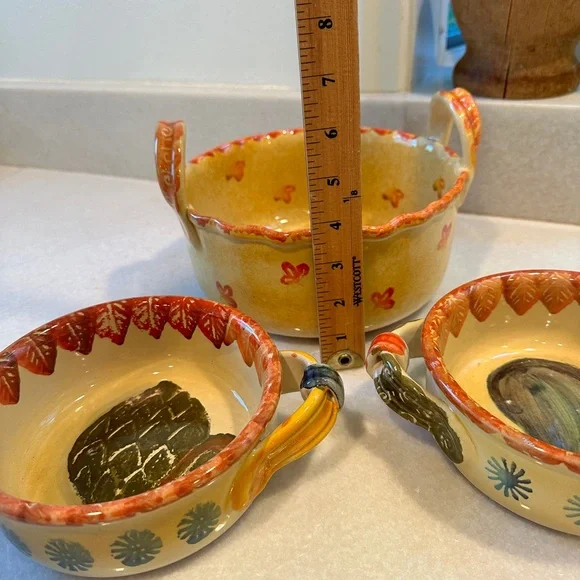 Set of 3 Italica arts oven safe hand painted casserole dishes.